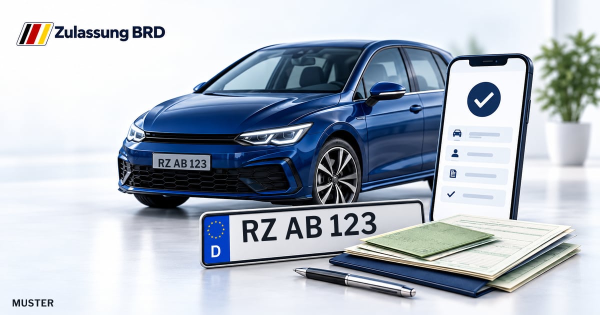 Online Fahrzeugzulassung in Mölln: Musterkennzeichen RZ AB 123, Auto und Fahrzeugpapiere und Smartphone. Illustration mit Logo von Zulassung BRD.